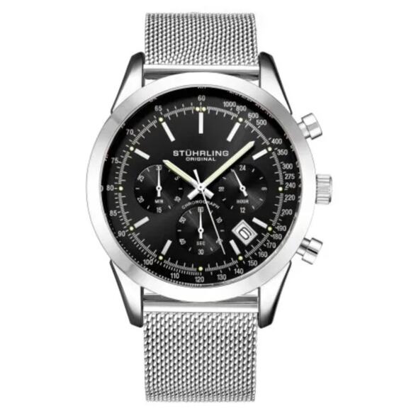 Stuhrling Preston Monaco Quartz Chronograph Date Black Dial Mens Watch - Picture 1 of 5